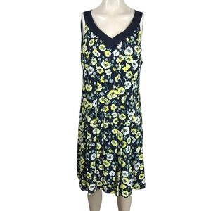 Jones New York Womens Navy Blue Yellow Floral V-Neck Sleeveless A-Line Dress 10